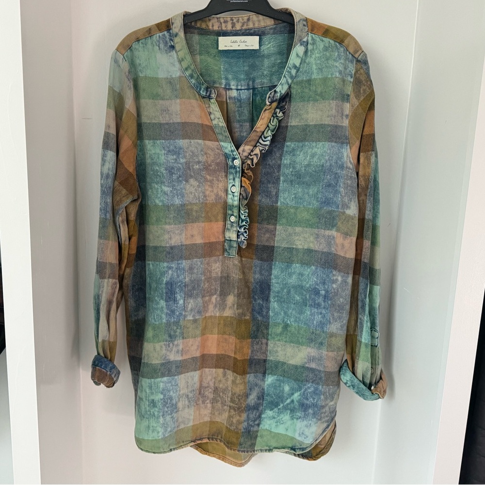 Anthropologie Isabella Sinclair Ruffled Plaid Henley Tunic Size Medium